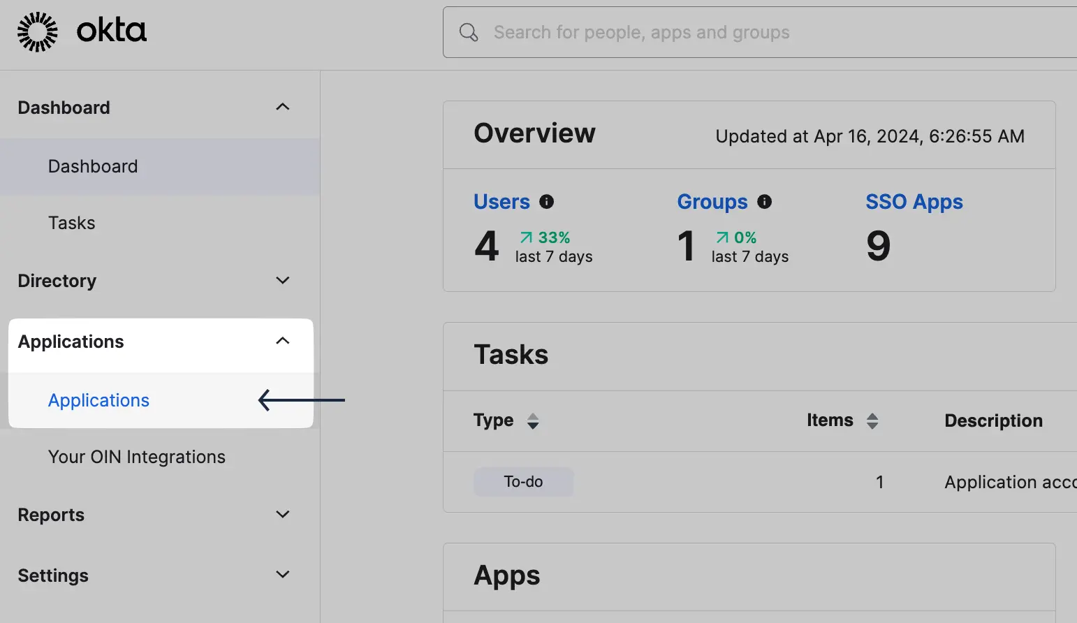 Open the Applications page in Okta Admin Console