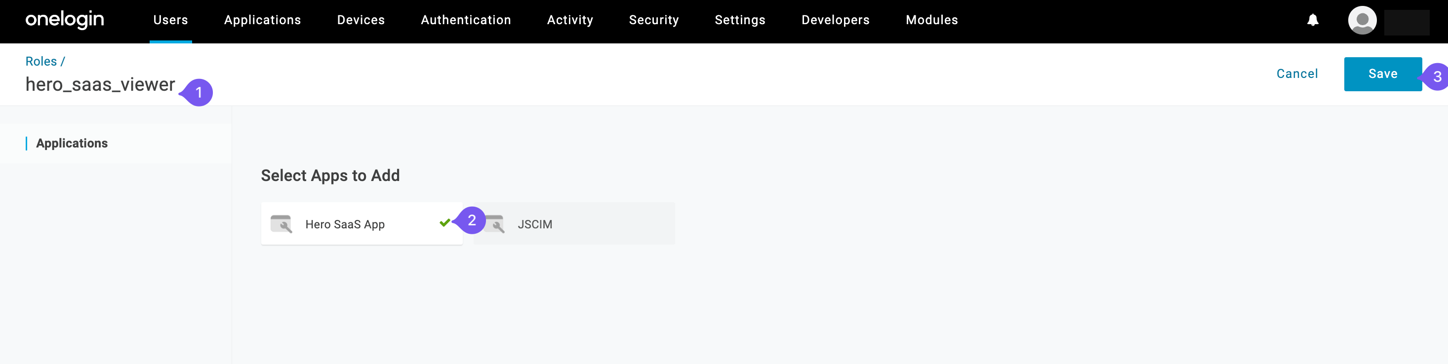 Assigning the 'Hero SaaS App' to the 'hero_saas_viewer' role in OneLogin.