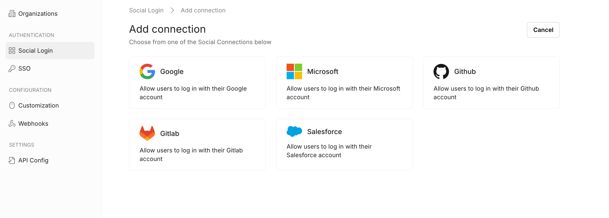 Add social login connections: Google, Microsoft, GitHub, Salesforce.