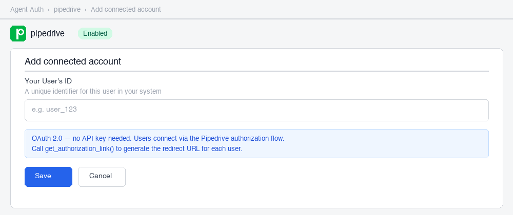 Scalekit Connected Accounts tab showing authorized Pipedrive users with status, token expiry, and date added columns
