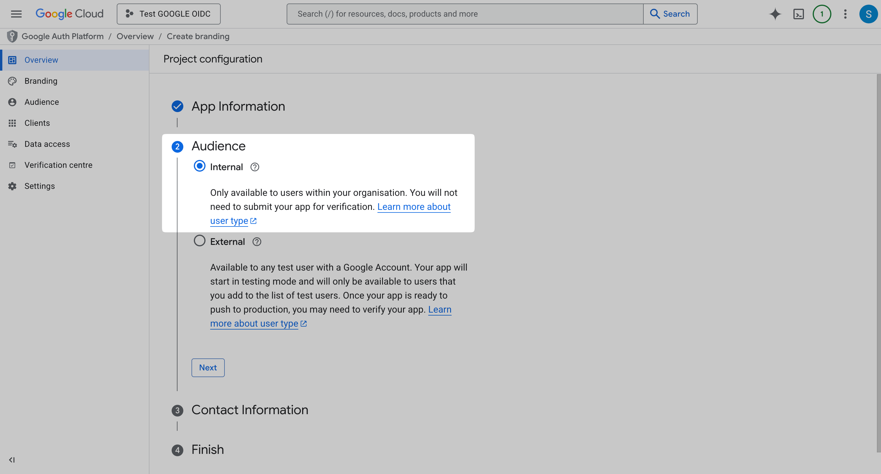 Google OAuth consent screen with Internal audience selected