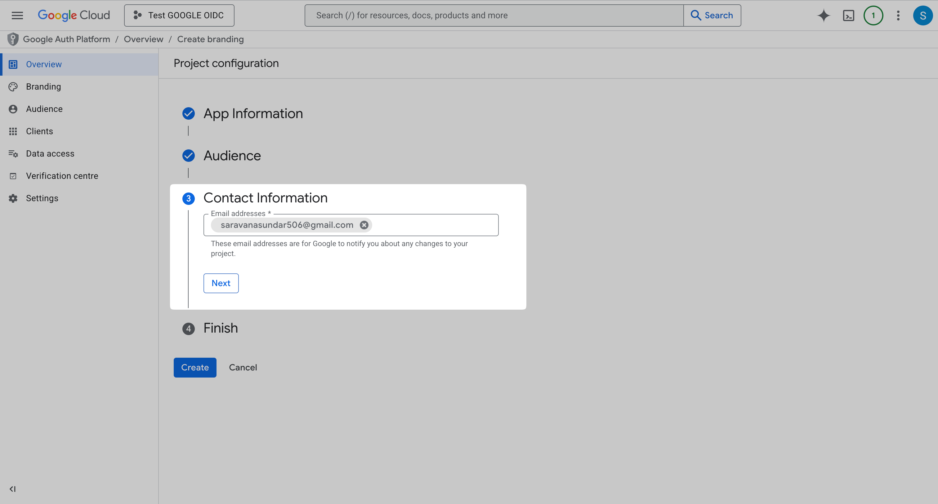 Google OAuth consent screen contact information step