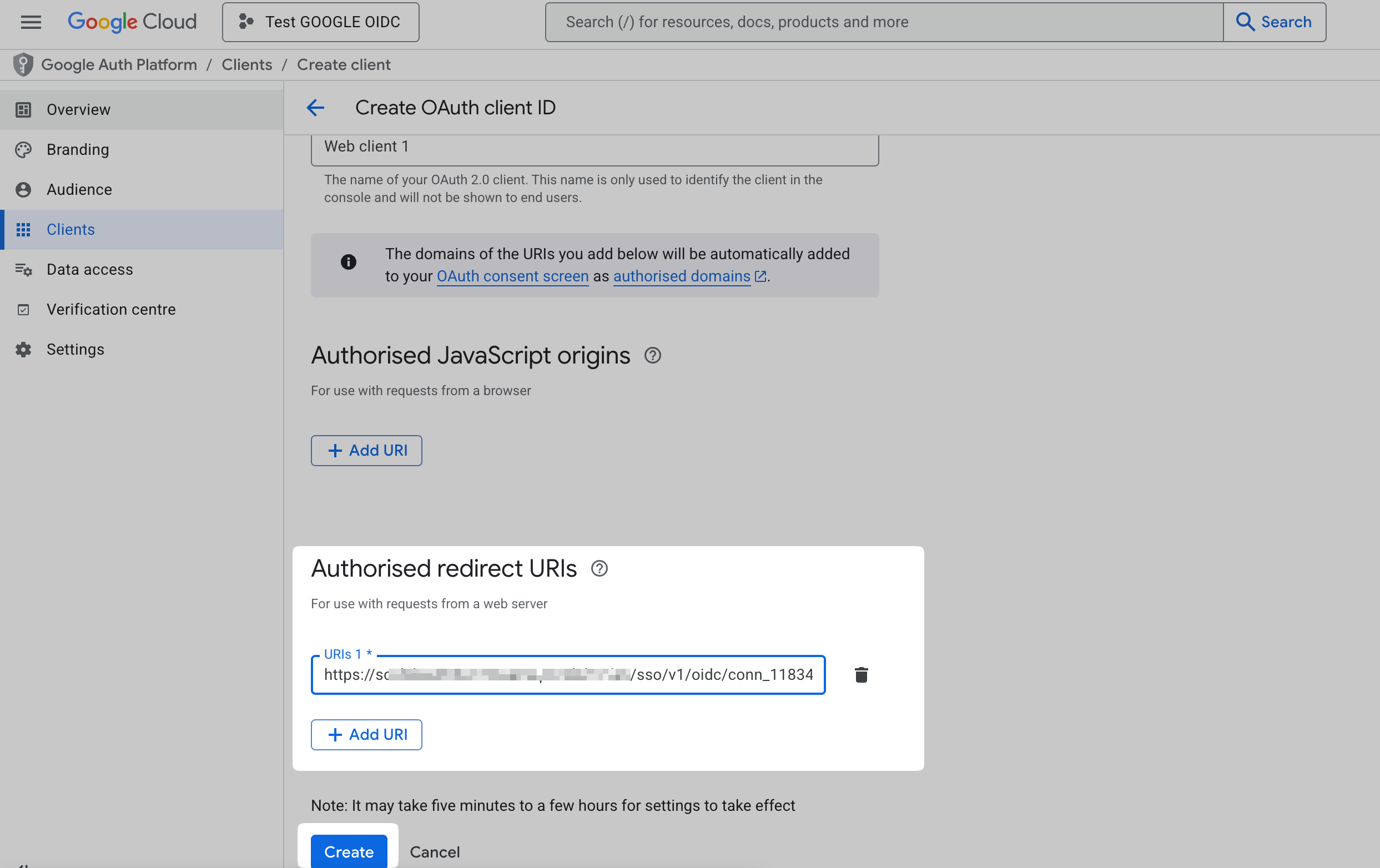 Google OAuth client form with Authorized redirect URIs section