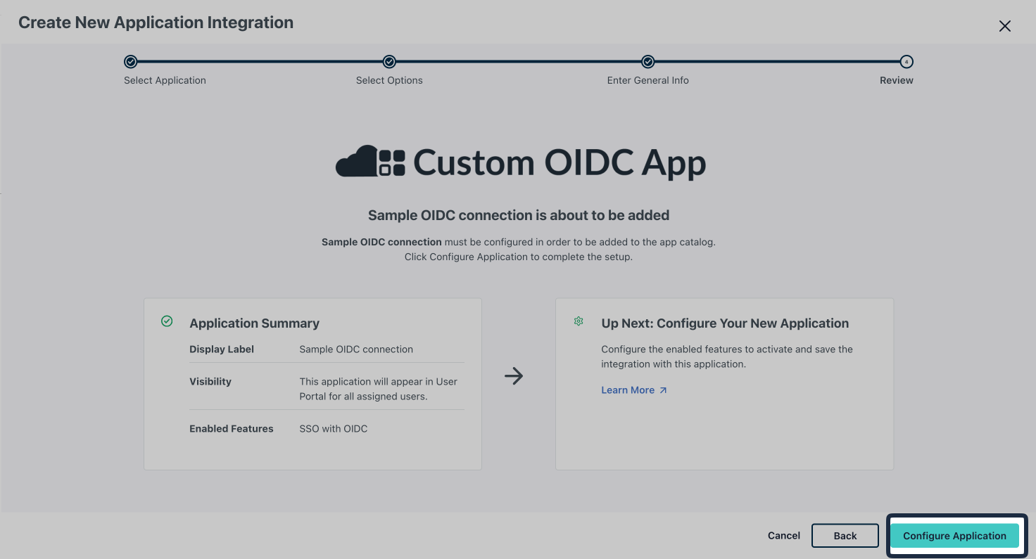 JumpCloud Custom OIDC App review step with Configure Application button