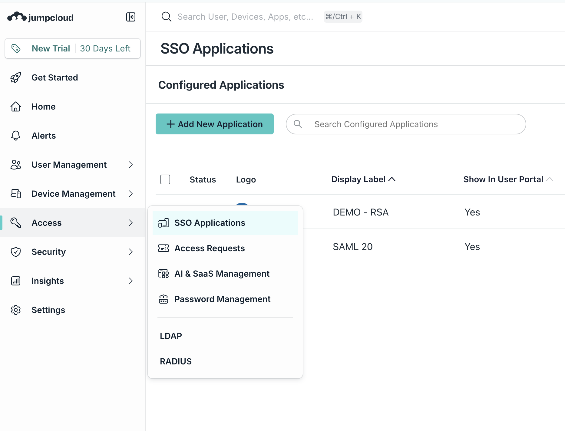 JumpCloud SSO Applications page with Add New Application