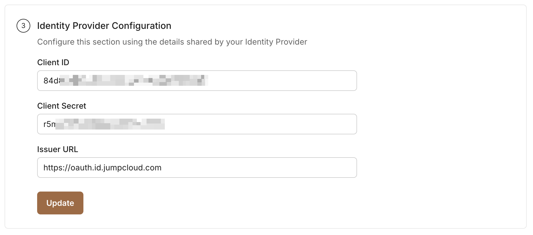 SSO Configuration Portal fields for JumpCloud Client ID and Client Secret