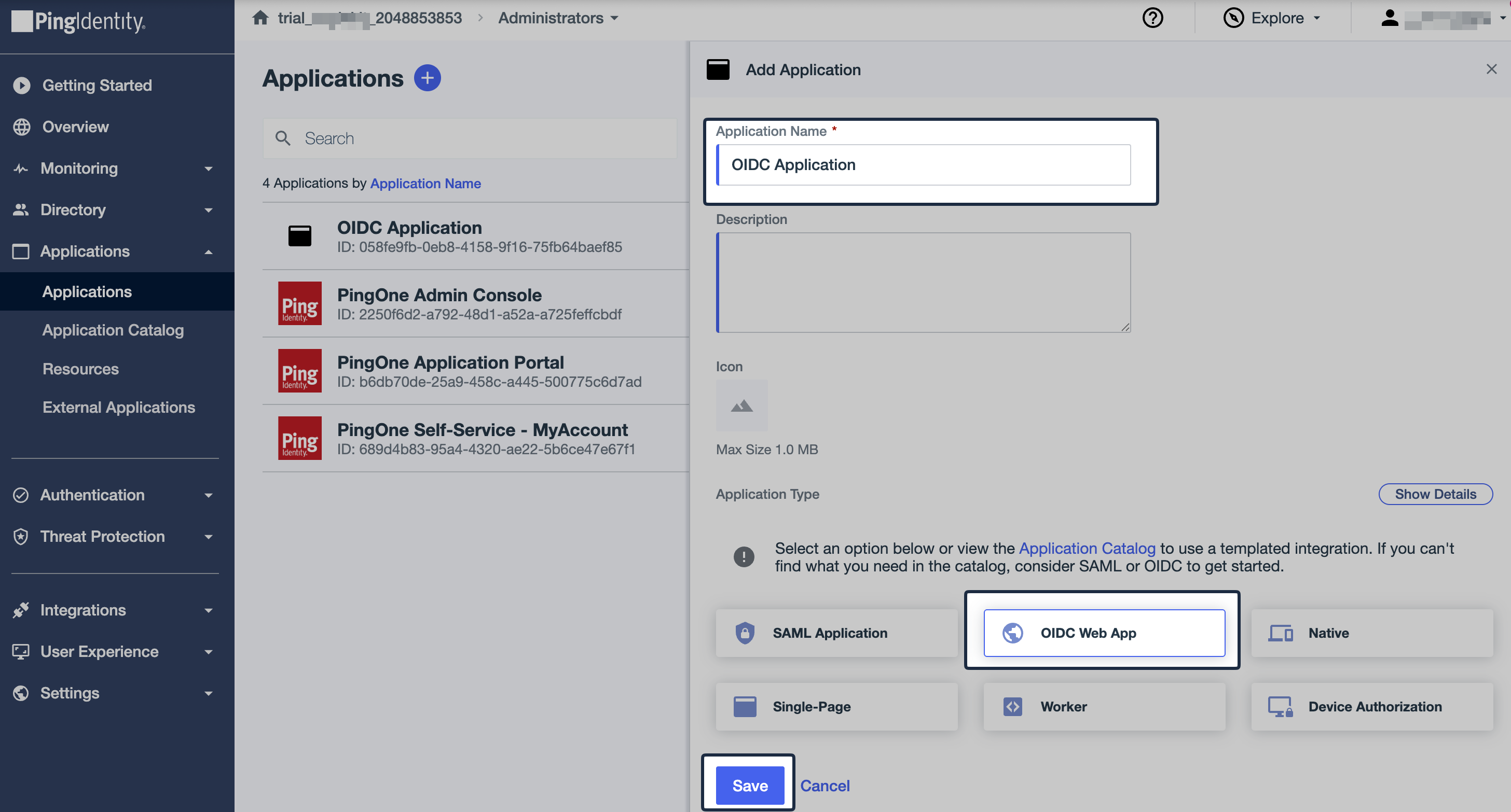 Ping Identity Add Application dialog with Application Name entered and OIDC Web App selected