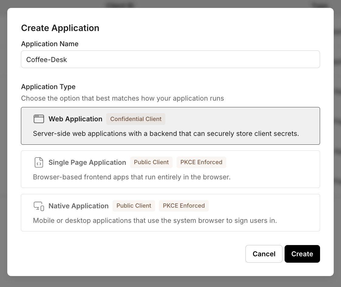 Create application modal showing app name and type selection