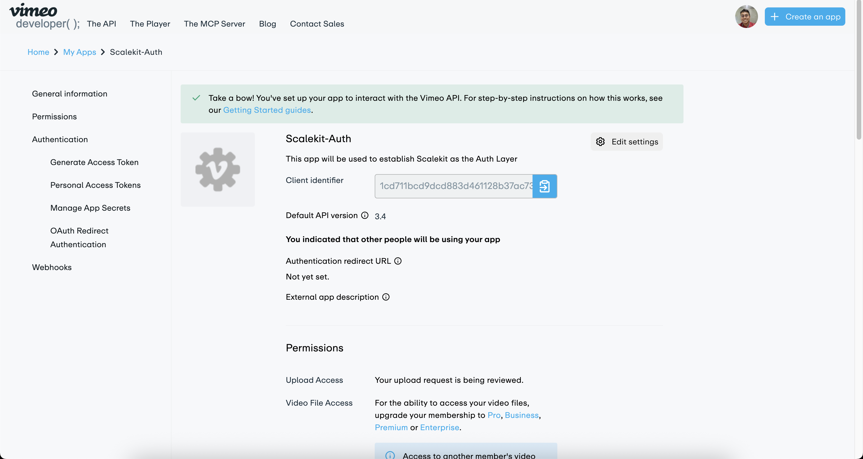 Vimeo app settings page showing the Client Identifier